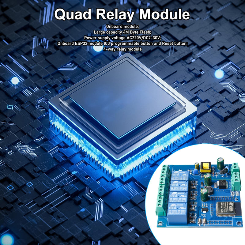 ESP 4-Channel Relay Module with ESP-32 WiFi Bluetooth, DC5-30V/AC220V, Development Board for DIY Smart Home & IoT Projects, Easy Programming with Arduino IDE
