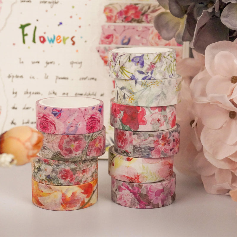 YUBBAEX 10 Rolls Spring Flowers Washi Tape Set Masking Decorative Tapes (Warm Tone) Warm Tone