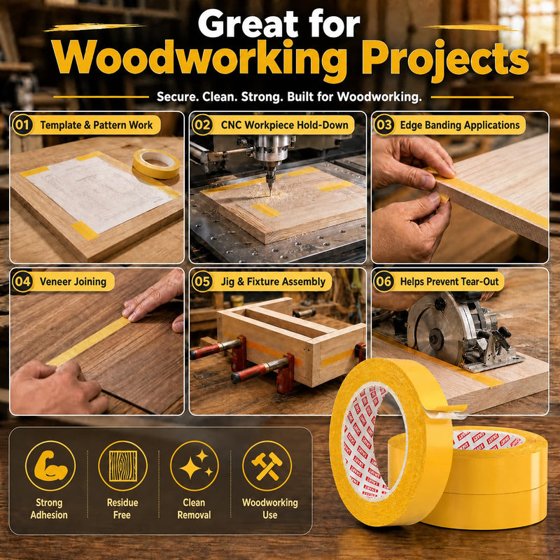 SWRT Double Sided Woodworking Tape 1 Inch x 108 FT, 3 Rolls, Removable Adhesive for Holding Wood Templates, Mounting Boards, MDF Edge Banding, Routing, and Anchoring, Clean Removal No Residue