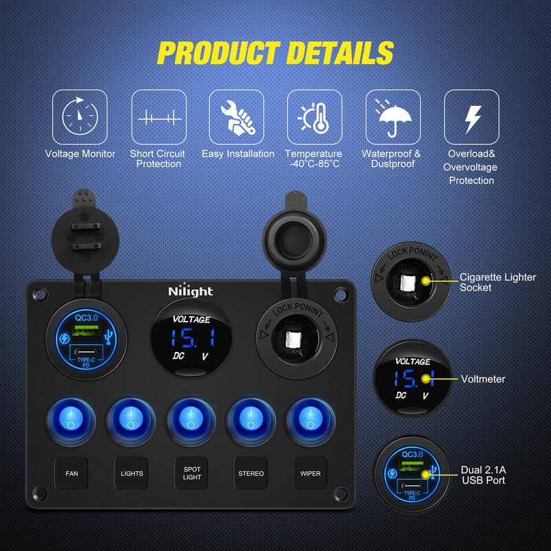 [Australia - AusPower] - Nilight 5 Gang Multi Function Waterproof Switch Panel PD Type C and USB Charger Digital Voltmeter 12V Outlet Rocker with Inline Fuse for RVs Cars Boats Trucks Trailers Waterproof Type C + USB Blue 
