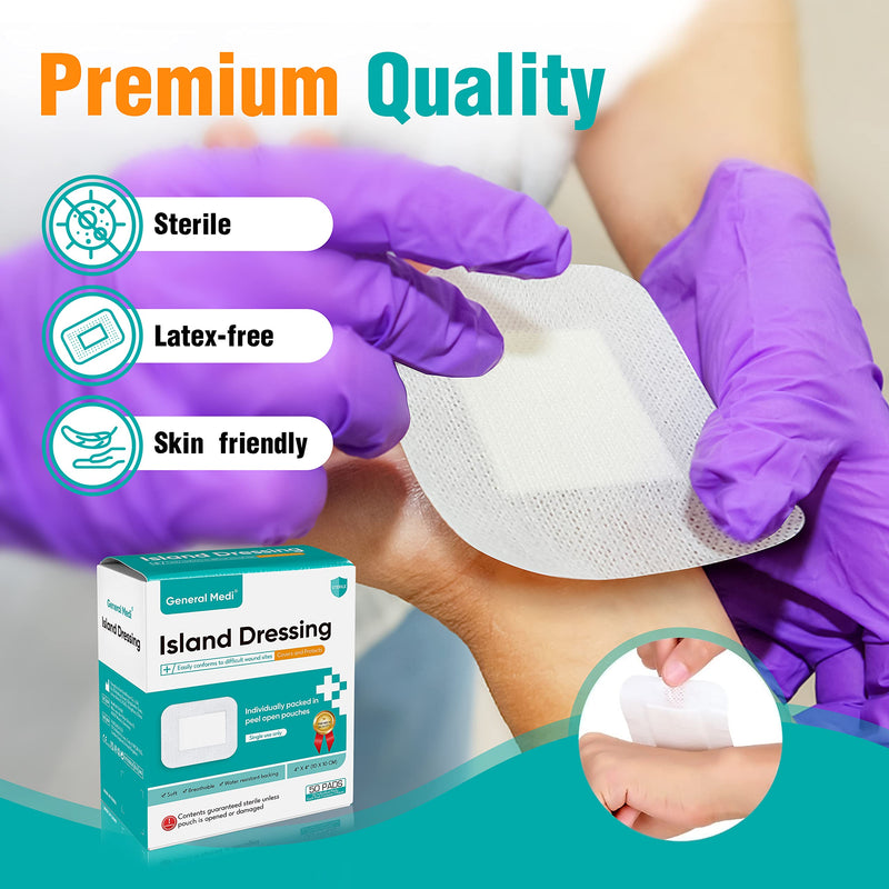 [Australia - AusPower] - General Medi Sterile Island Dressing Bordered Gauze  50 Count, 4" x 4" Gauze Pads, Wound Care Pad with Adhesive Border - Sterile, Soft & Highly Absorbent Medical Grade Dressing Pad 4" x 4"(50 Count) 