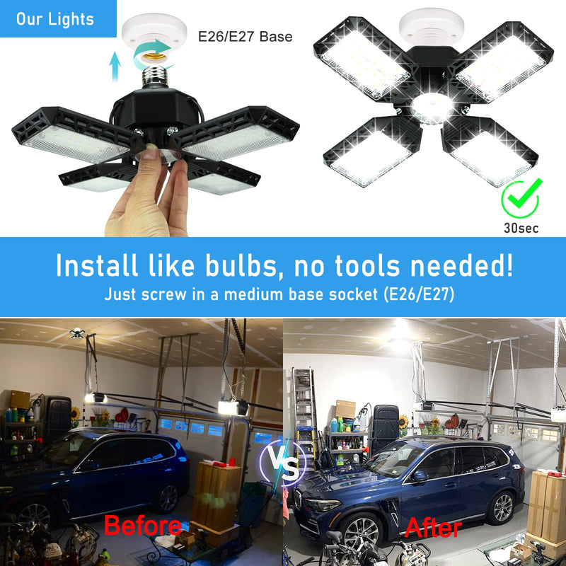 [Australia - AusPower] - LED Garage Light,150W Deformable LED Garage Ceiling Lights,15000LM Garage Lights with 4 Adjustable Panels, E26/E27 LED Shop Lights for Garage, Basement, Barn, Workshop,High Bay Light 4+1P 1Pack/F 