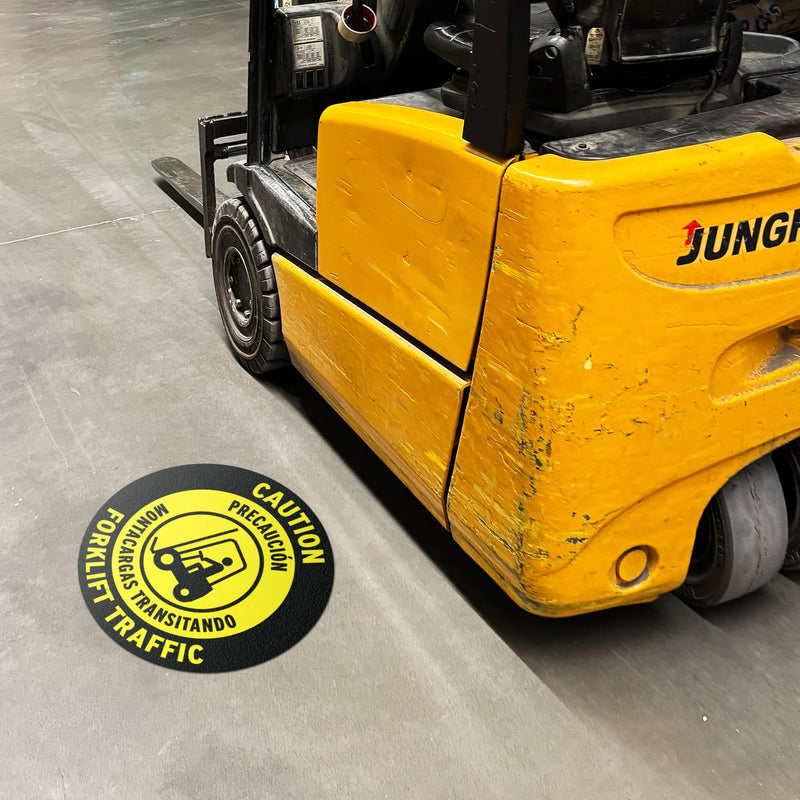 17" x 17" Round Yellow Bilingual Caution Forklift Sign | Round, Yellow Floor Sticker, Work & Warehouses, Construction Sites, Distribution Centers 2 Pack Caution Forklift Traffic (Bilingual)