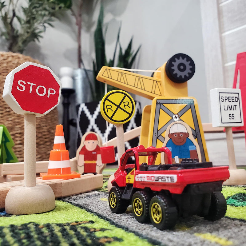 Attatoy Kids Wooden Street Signs Playset (14-Piece Set), Wood Traffic Signs Perfect for Car & Train Set 14 Piece Set
