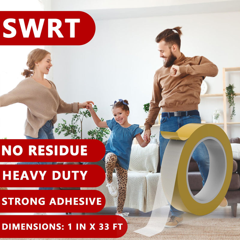SWRT Double Sided Fabric Tape Heavy Duty, 1Inch x 33FT Multifunctional Double Sided Tape, Clear Fabric Tape for Clothes No Residue Strong Hold for Carpet, Outdoor and More