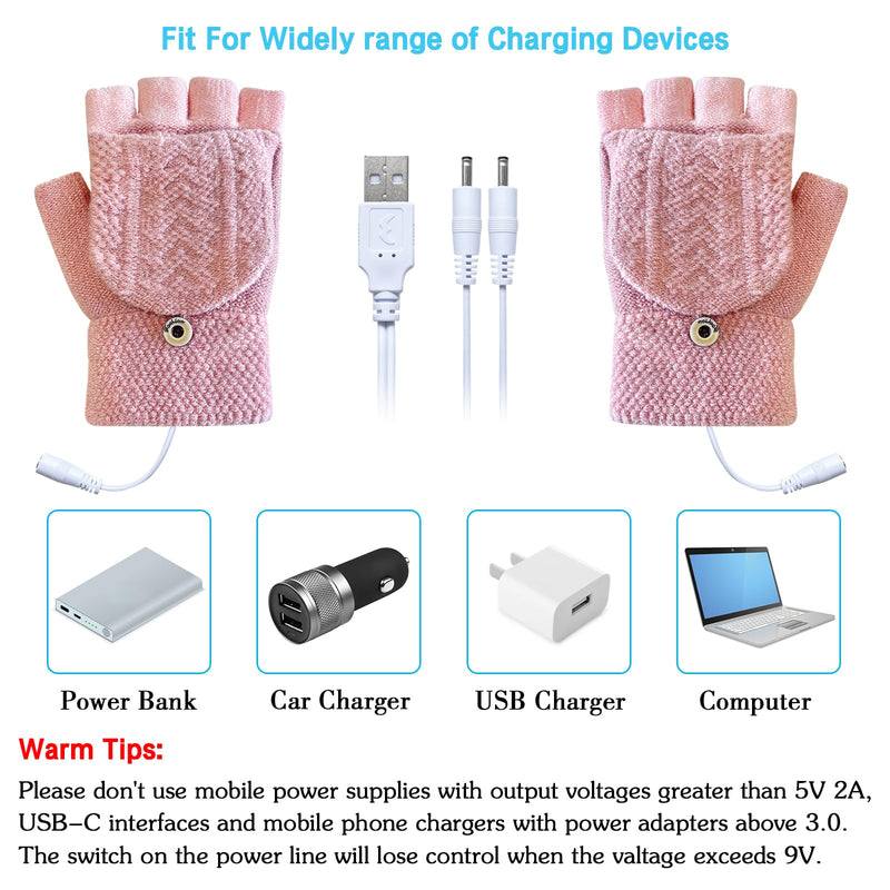 [Australia - AusPower] - Women's & Men's USB Heated Gloves Mitten Full & Half Fingerless Winter Hands Warmer Laptop Gloves Pure Pink 