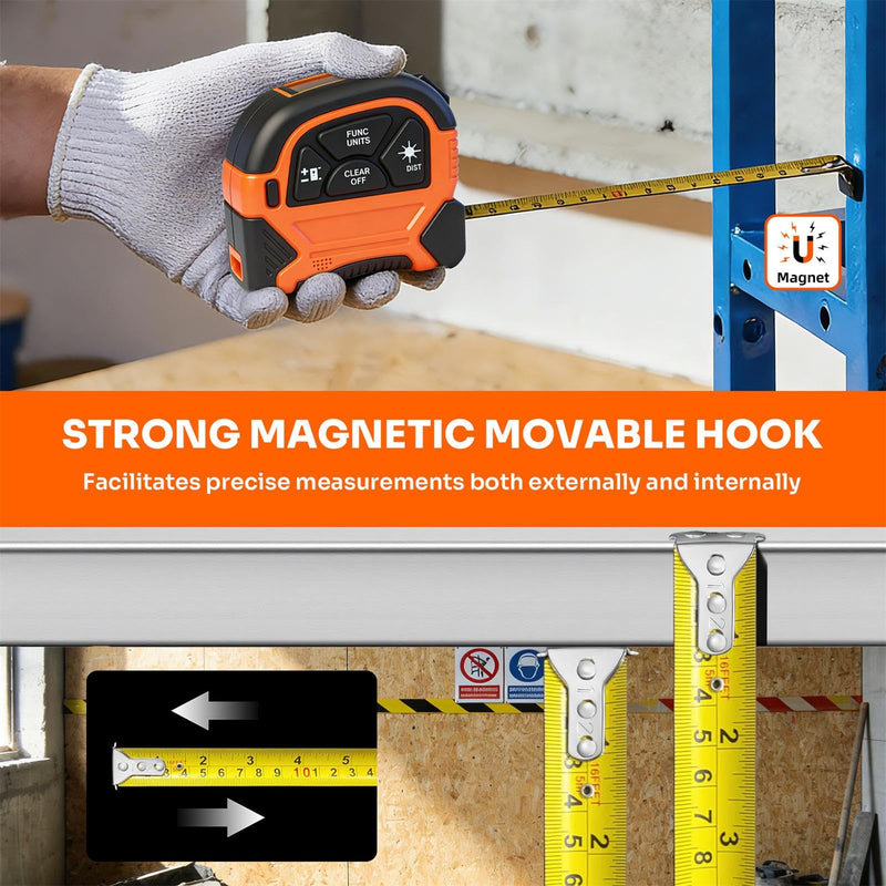 2-in-1 Laser Tape Measure, 197Ft Laser Measuring Tool & 16Ft Measuring Tape with M/in/Ft/Ft+in Units, Magnetic Hook - Pythagorean, Area, Volume, Digital Tape Measure for Woodworking and DIY