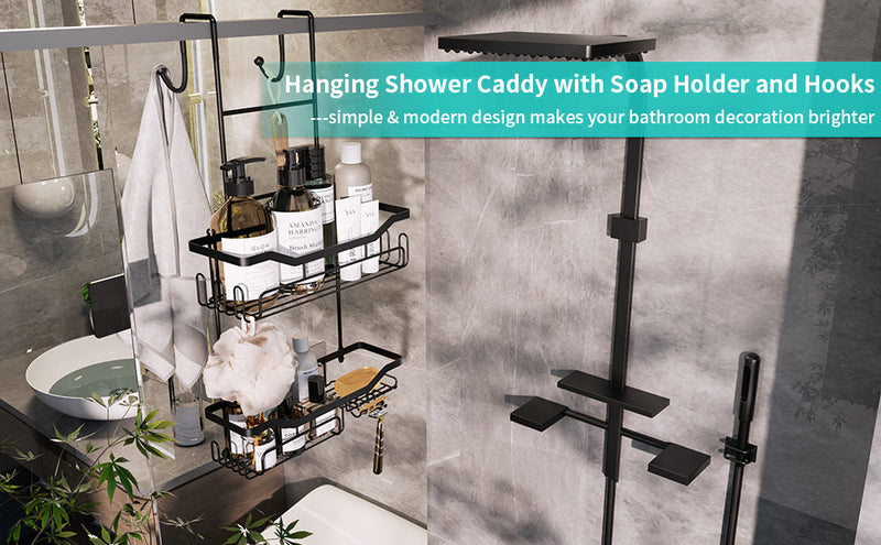 HapiRm Hanging Shower Caddy Over the Door with Soap Holder, No Drilling Adhesive Shower Organizer with 11 Hooks, Rustproof & Waterproof 304 Stainless Steel Bathroom Shelves - Black A-Black 2-tier