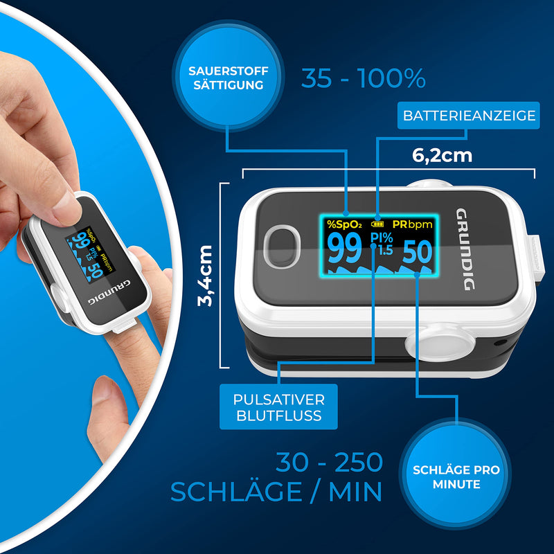 GRUNDIG Pulse Oximeter Oxygen Saturation Oximeter, High Precision Finger Oximeter Meter for Clinically Accurate Determination of Oxygen Saturation in Blood, Finger Measuring Device with Pulse Monitor Test