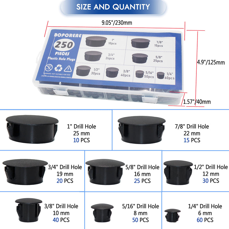 [Australia - AusPower] - 250 PCS Nylon Plastic Hole Plug 1" 7/8" 3/4" 5/8" 1/2" 3/8" 5/16" 1/4" Round Drill Hole, Flush Type Panel Knockout Locking Plugs, Black Screw Covers for Furniture Cabinet Insert End Caps 