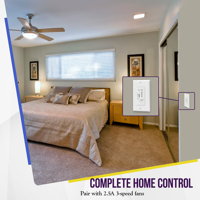 [Australia - AusPower] - ENERLITES 3 Speed Ceiling Fan Control and Dimmer Light Switch, 2.5A Single Pole Light Fan Switch, 300W Incandescent Load, No Neutral Wire Required, 17001-F3-W, 120 Volts (AC), White, 2 Pack 