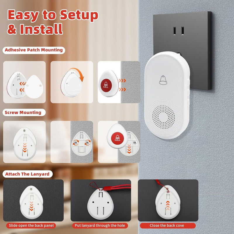 Wireless Caregiver Pager SOS Call Button for Elderly Monitoring 1000+ Feet Life Alert，Emergency Alert System Call Bell for Nurse Patient Disabled 2 Waterproof Transmitter & 2 Plugin Receiver 2T2