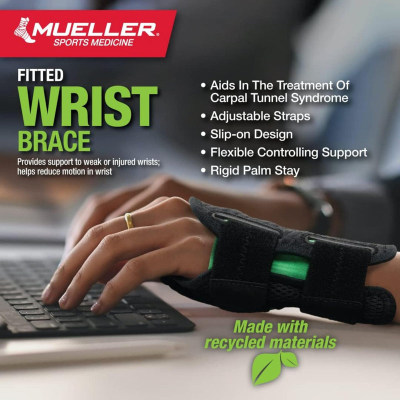 MUELLER Sports Medicine Green Fitted Wrist Brace, Wrist Pain Relief Support for Men and Women, Ideal for Carpal Tunnel, Tendinitis, Arthritis, Right Hand, Black Small/Medium (Pack of 1)