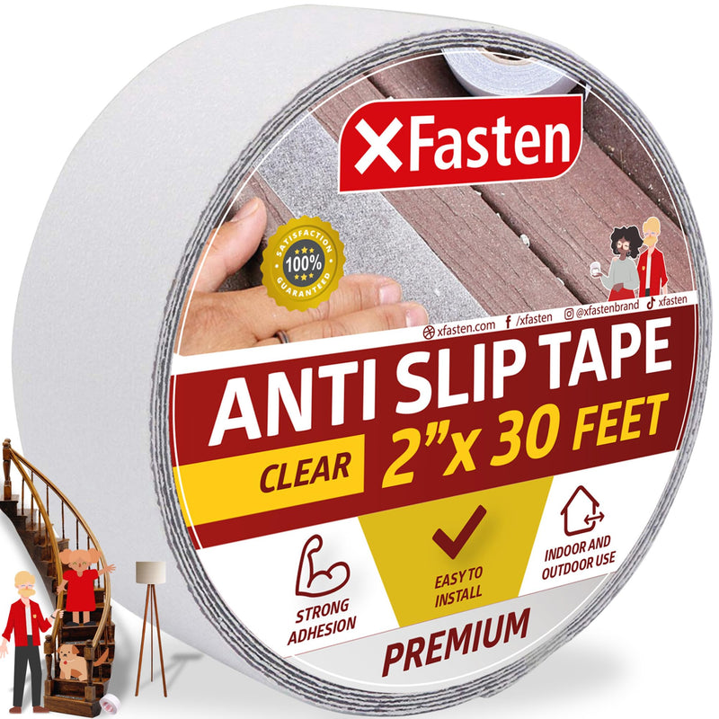 XFasten Clear Anti Slip Tape for Stairs, 2 Inches x 30 Feet, Waterproof Grip Tape for Stairs, Indoor, Outdoor Steps and Treads- Heavy-Duty High Traction Non-Skid Friction Safety Strips