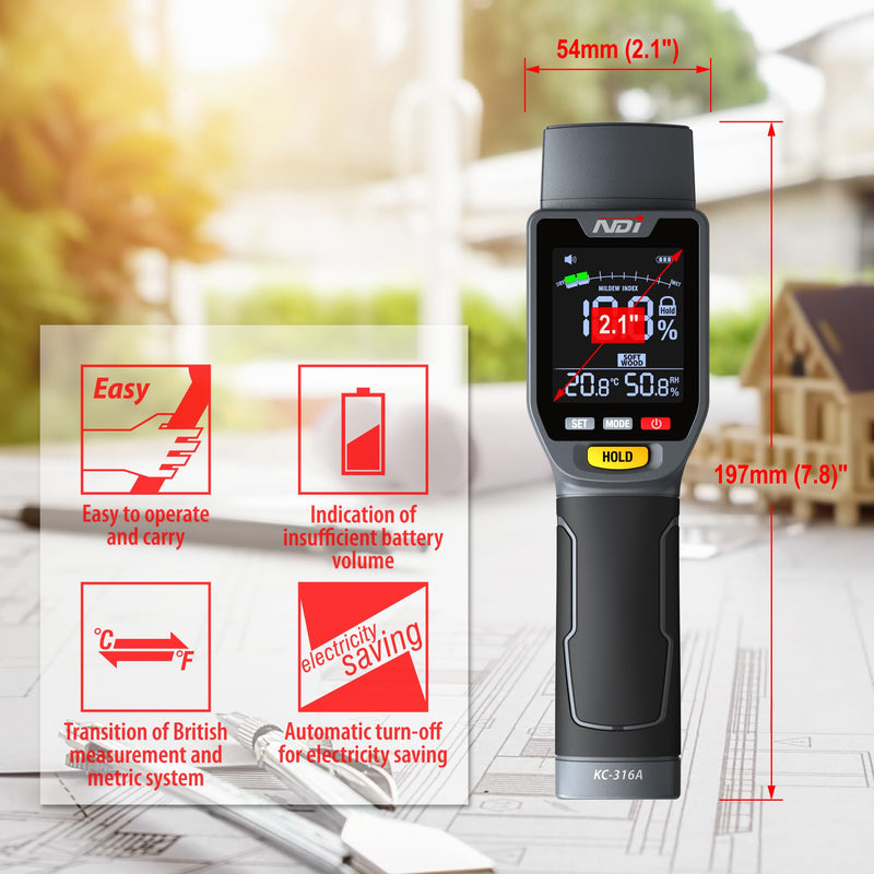 [Australia - AusPower] - NDI 6 in 1 Non-invasive Moisture Meter Pinless Humidity Sensor Drywall/Gypsum Board/Cement Board/Cork/Hardwood/Mildew Index 