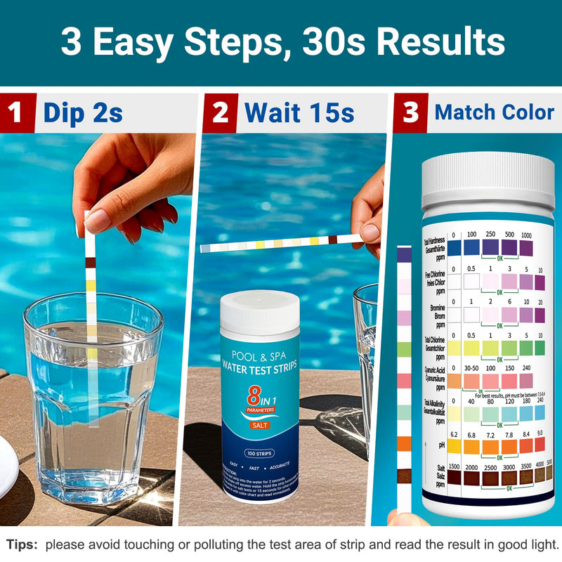 All-New 2026 8-in-1 Pool Test Strips -150 CT Pool Salt Test Strips | Salt Water Pool Testing Kit for Salt Water Pools, in & Above-Ground Pools, Hot Tubs&Spas| Quick&Accurate Testing Chlorine,pH,Salt 8 in 1 150 Strips