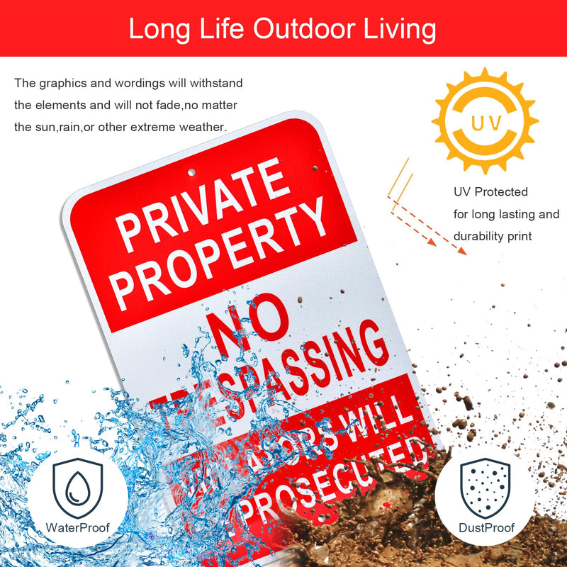 JIAMING 2 Pack Private Property No Trespassing Signs, 18x12 Inch Reflective Rustproof Aluminum, Violators Will Be Prosecuted Metal Sign, UV Protected Weatherproof Easy Mount for Home Yard Farm.