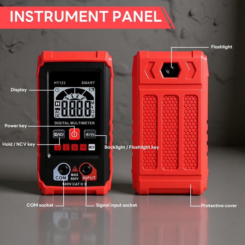 [Australia - AusPower] - HT123 Digital Multimeter, Automatic AC DC Voltmeter, Non Contact Voltage Tester, Smart Voltage Resistance Tester Multi Meter, Auto-Ranging, Sound & Light Alarms 