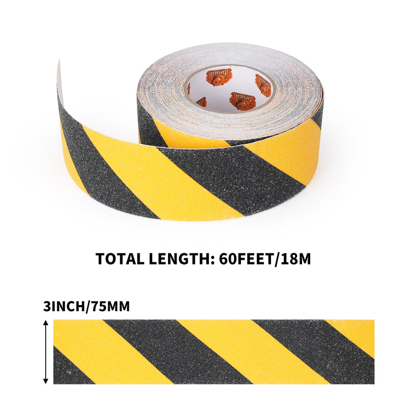 TAPEBEAR Non Slip Hazard Tape 3inch x 60feet, Black and Yellow Safety Tape, Anti Slip Caution Tape Roll, Nonslip Warning Floor Tape for Indoor Outdoor Steps Stairs, Strong Grip Tape 3in x 60feet Yellow&Black 1