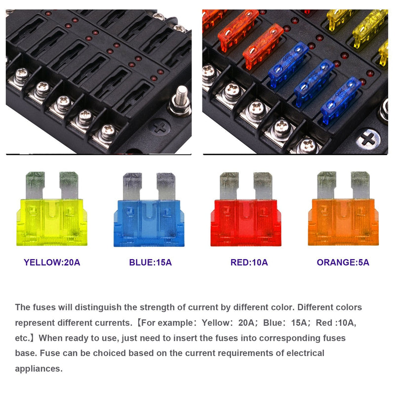 [Australia - AusPower] - 12 Way Blade Fuse Box Fuse Box Holder Standard Circuit Fuse Holder Box Block with LED Light Indication & Protection Cover for Car Boat Marine Trike Car Truck Vehicle SUV Yacht RV 12 Way 