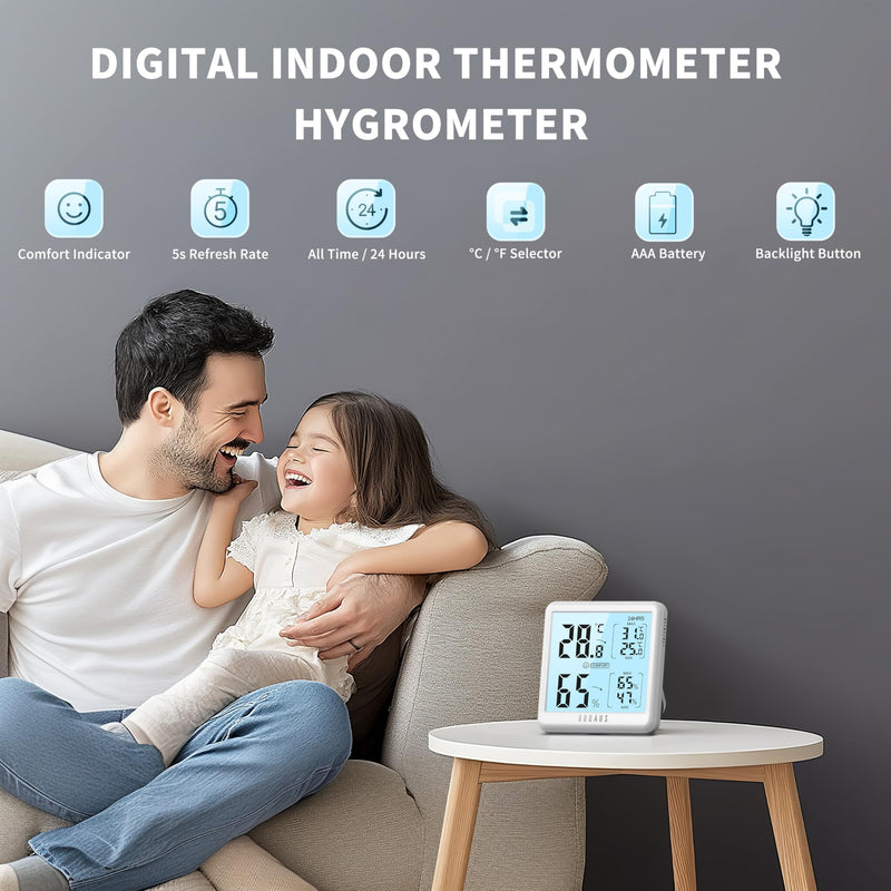 [Australia - AusPower] - DOQAUS Digital Hygrometer Indoor Thermometer for House, Room Thermometer with 3s Fast Refresh & Max Min Records, Temperature Monitor Humidity Meter with Backlight, White 