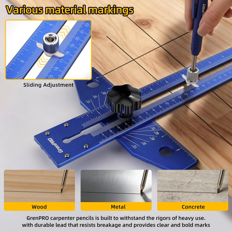 GRENPRO Woodworking Scriber Marking Line Ruler with Carpenter Pencil & Metal Ruler, Adjustable Aluminum Alloy Sliding T-Square Ruler, Measuring Angle Finder with Adjustment Scale,Drawing Aid Rule tool Blue