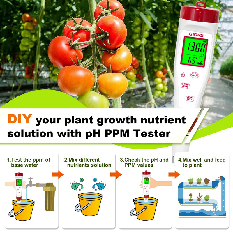 [Australia - AusPower] - pH Meter for Hydroponic Water with pH Buffer Solution 4/7/10,Digital EC ppm Tester for Nutrients,pH TDS Reader 4 in 1,High-Sensitivity Backlit Display for Drinking Water,DWC,Indoor Plants 