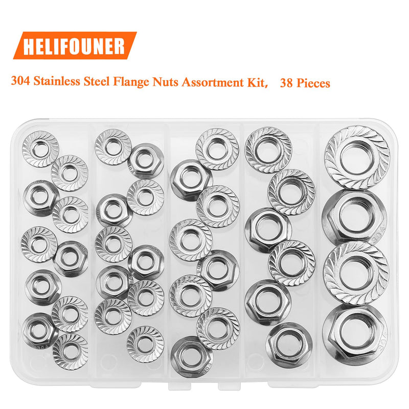 [Australia - AusPower] - 38 Pieces 4 Sizes Flange Nuts, Serrated Flange Hex Lock Nuts Assortment Kit, 304 Stainless Steel (1/4"-20 5/16"-18 3/8"-16 1/2"-13) 38 Pieces 4 Sizes 