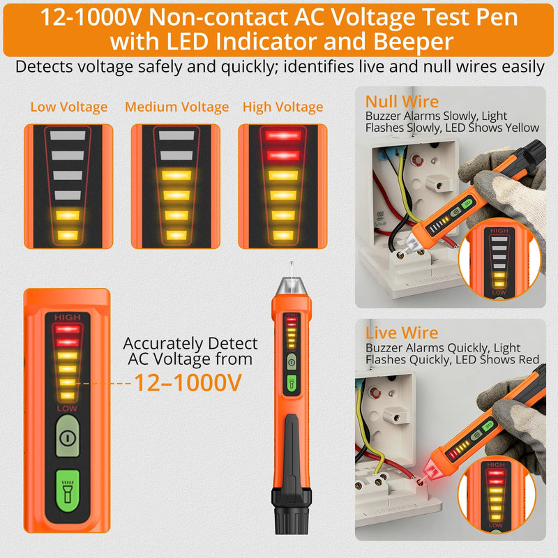 Neoteck 12-1000V Non-Contact Voltage Detector Pen and 2000 Counts Digital Multimeter for Live/Null Wire Distinguish, NCV AC/DC Voltage Current Resistance Capacitance Frequency Measuring