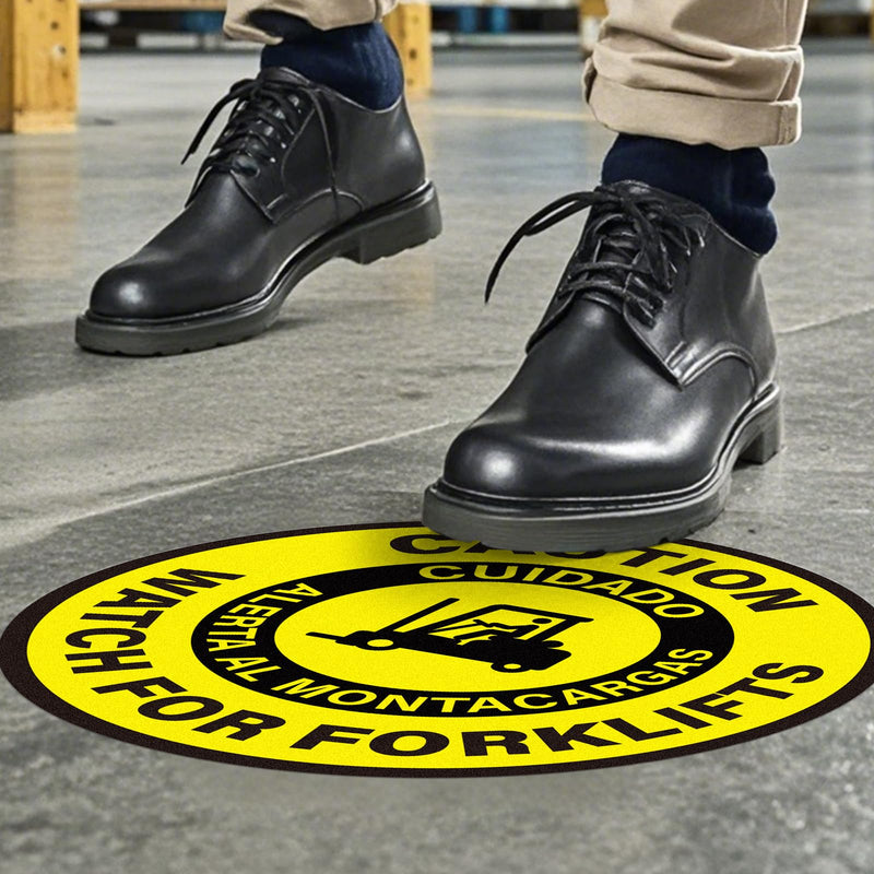 5 Pack Caution Watch for Forklifts Bilingual Sign Look Out for Lift Truck Traffic Floor Sticker 17 × 17 Inches Self Adhesive Vinyl Waterproof Anti-Slip Signage for Office Work Site Warehouse 5 Pack