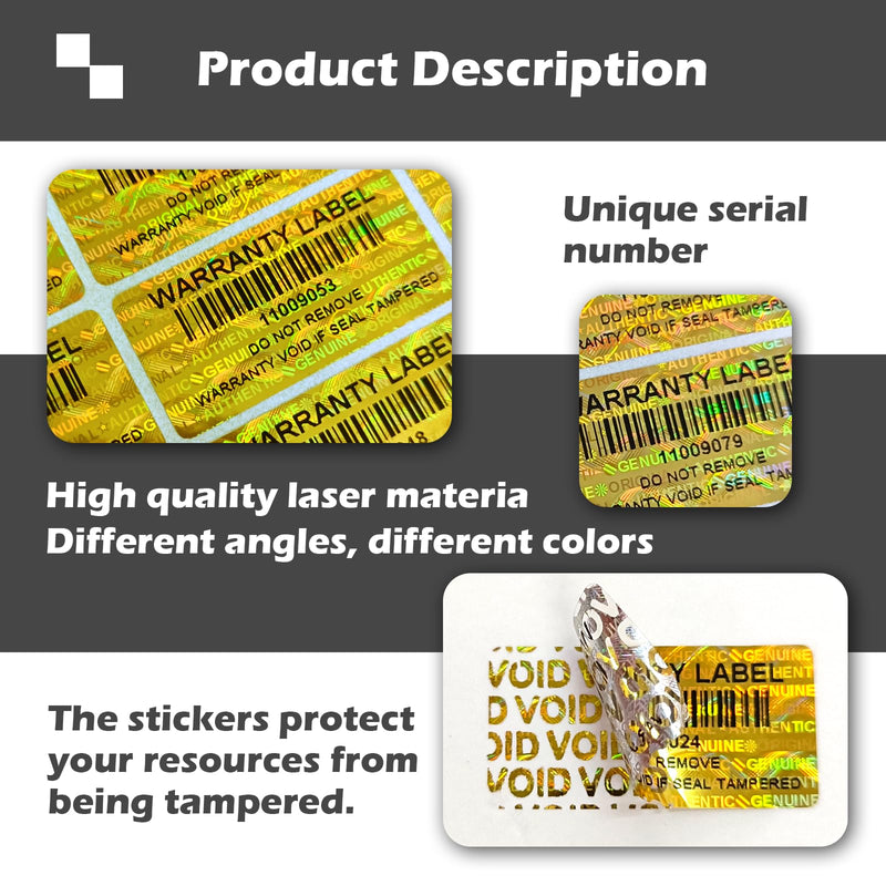 650pcs Hologram Tamper Evident Proof Stickers with Barcode,Security Labels Genuine Warranty Void Seal with Unique Serial Number(1.2 X 0.6 Inch Gold)