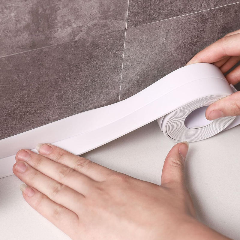 White Waterproof Caulk Tape PVC Self Adhesive Caulk Strip Joint Adhesive Shower Bathtub Joint Strip Bathroom Sealing Tape Kitchen Sealing Tape and Shower Tile Sealant White
