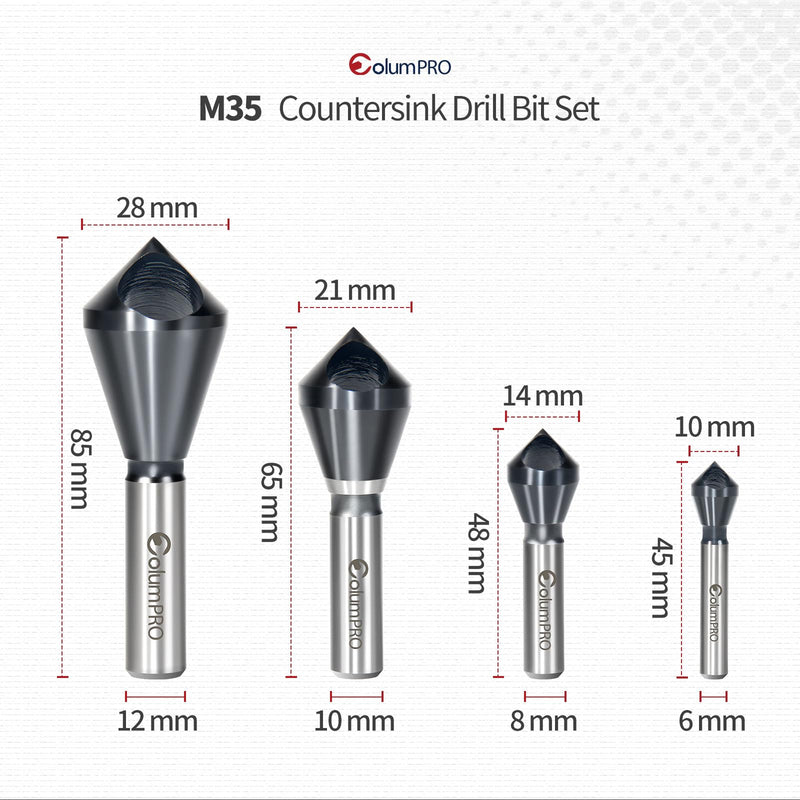 4PCS Cobalt Single-End Countersink Chamfer Tool Set - Heavy-Duty M35 90-Degree Countersink Bits for Metal, Stainless Steel, Copper, Wood, Fiberboard,SAE 1/4"-3/4", 2-5, 5-10, 10-15, 15-20MM 4PCS M35 HSS