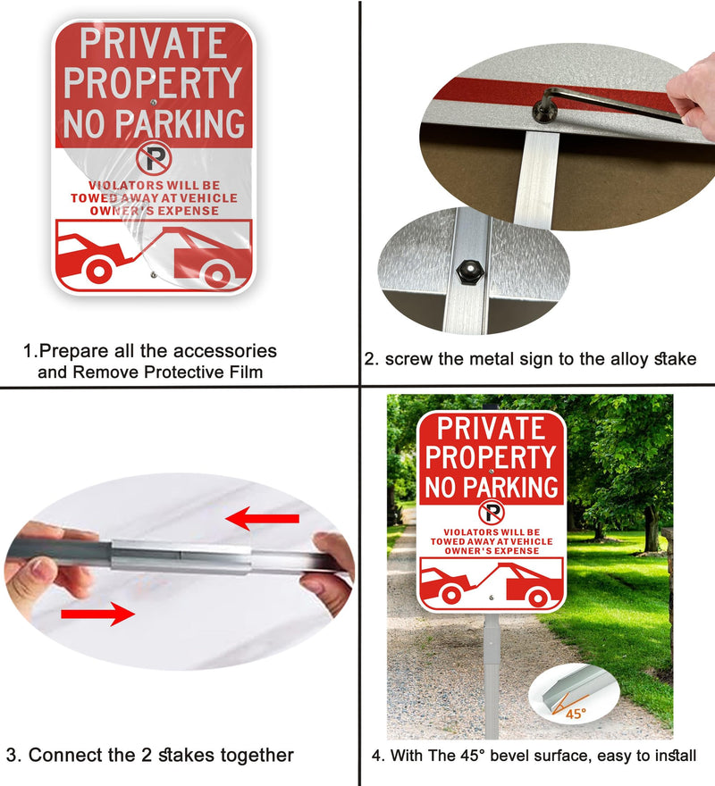 2Pack Private Property No Parking Signs with 36" Stake, Violators Will Be Towed Away at Vehicle Owner's Expense Signs, 14"×10" Reflective Aluminum Sign, Fade Resistant, Including Screws