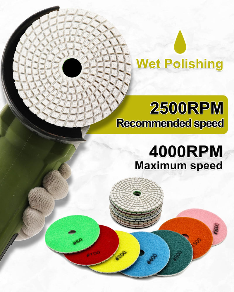 Wet Diamond Polishing Discs - Diamond Polishing Pad 6 Pieces 100 mm Grit 50 x 2/100/200/400/800 with M14 Support Plate + Adapter for Granite Marble Artificial Stone Quartz for Angle Grinder Set1