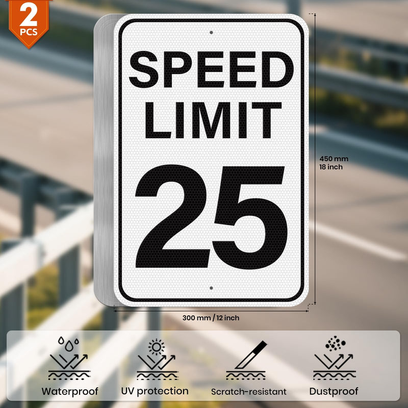 2 Pack Speed Limit 25 MPH Sign 18 × 12 Inches Reflective Weatherproof Aluminum Metal Traffic Satefy Signage with Pre-Drilled Holes for Indoor Outdoor Use