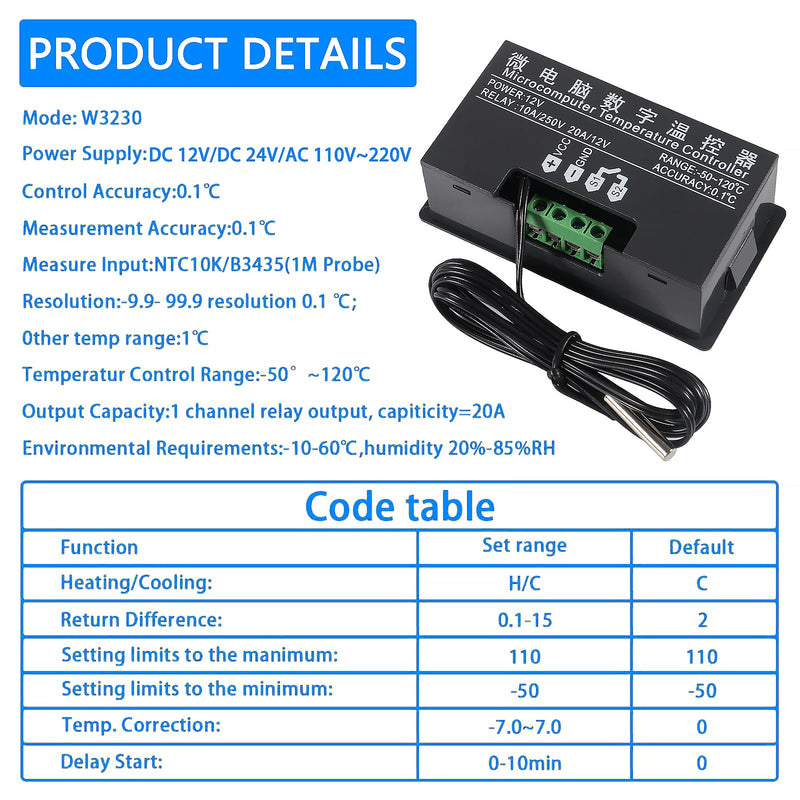 [Australia - AusPower] - 2pcs Digital Temperature Controller W3230 Digital LED Thermostat Switch with Waterproof Probe DC 12V Programmable Heating Cooling Electronic Thermostat Control -50℃ to 120℃ 