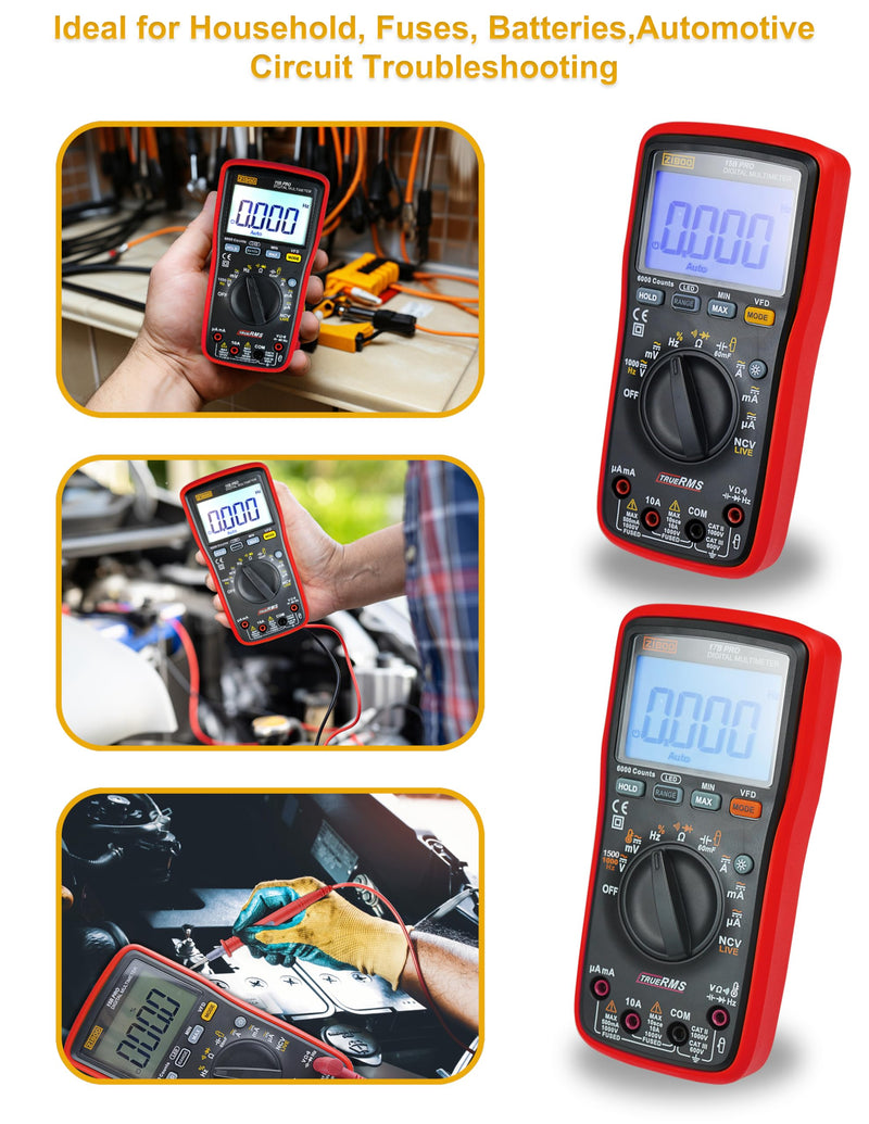 [Australia - AusPower] - ZIBOO 15B PRO True RMS Digital Multimeter,for Electrical Applications, Measures AC/DC Voltage and Current Measurements up to 1000V and 10A,Compatible with FLUKE(Optional AC Pliers) 