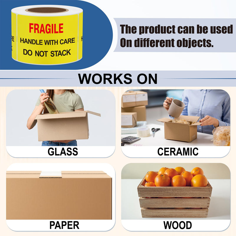 Hybsk 2x3 inch 300pcs Fragile Stickers for Shipping Moving Handle with Care Do Not Stack Yellow Warning Labels (Type 1) Type 1