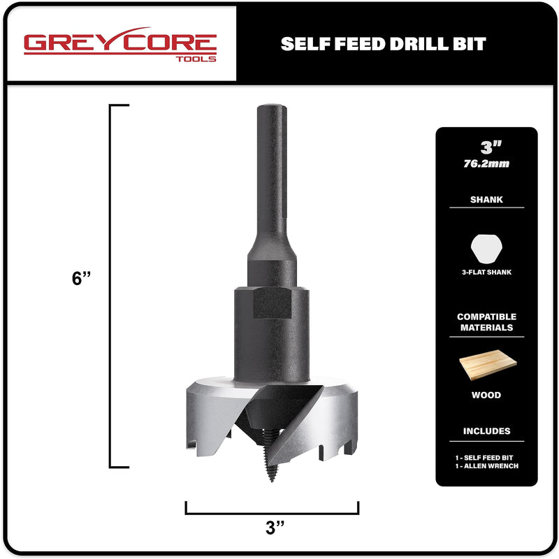 Greycore Tools Self-Feed Drill Bit – 2-Cutter Self Feed Drill 3-inch – Professional Boring Drill Bits for Woodworking – Aggressive Feed Screw Thread for Fast and Smooth Drilling 3 Inch