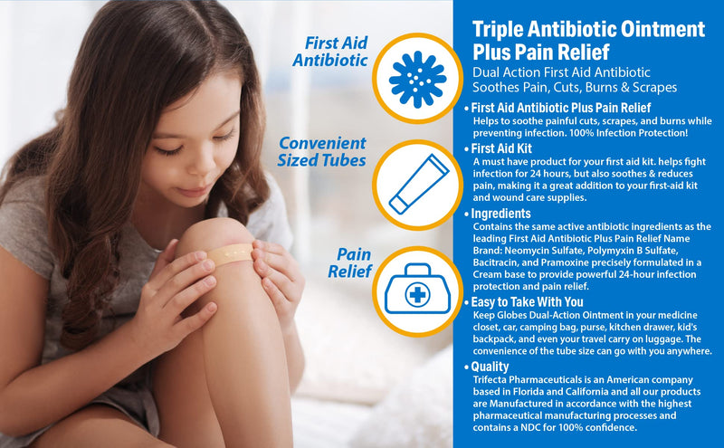 [Australia - AusPower] - (2 Pack) Globe 1oz Triple Antibiotic Ointment + Pain Relief, Dual Action Maximum Strength First Aid Ointment Soothes and Heals Painful Minor Scratches and Wounds and Prevents Infection 