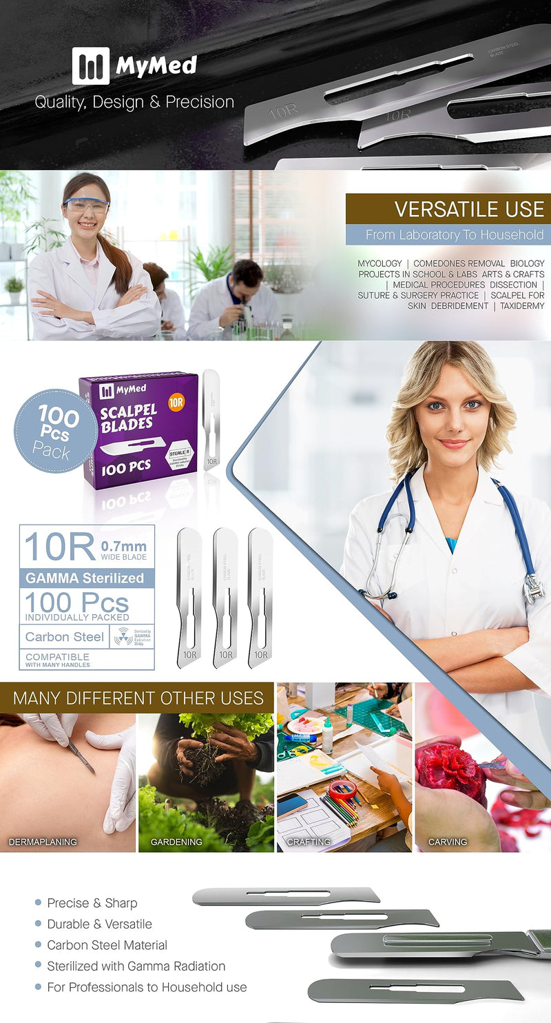[Australia - AusPower] - 10r Blades Dermaplaning 0.7mm Extra Wide Pack of 100 Surgical Blades 10r, Size 10r Scalpel Blades, High Carbon Steel Dermablade Dermaplane Blades 10r Individually Wrapped Disposable 10r Blade Sterile 