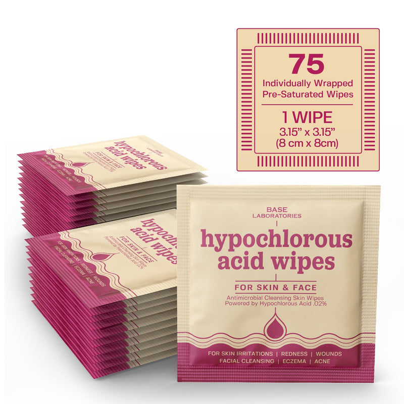 [Australia - AusPower] - BASE LABORATORIES Hypochlorous Acid Wipes | Saline Solution and HOCl Infused Wound Cleaning Wipes for Skin & Face | Cleanses, Sanitizes & Soothes Skin Irritations, Piercings, Acne & Eczema | 75 Wipes 75 Count (Pack of 1) 