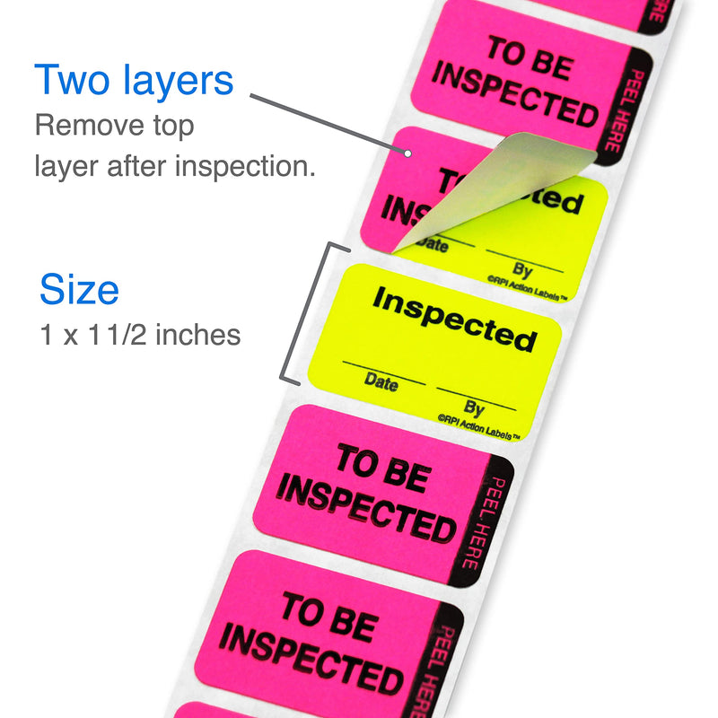ChromaLabel 1 x 1.50 Inch Fluorescent Pink and Yellow Double Layer Quality Control Label, Imprinted: to Be Inspected, Inspected, 250 per Dispenser Box (Pack of 3) 1" x 1-1/2" (Pack of 3)