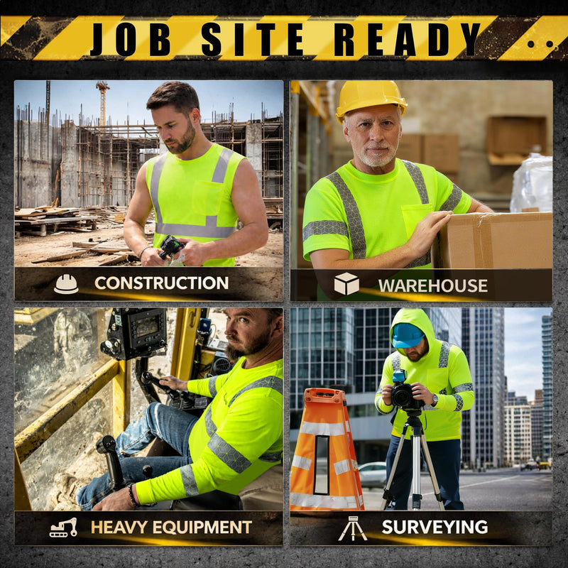 High Visibility Reflective Safety Sleeveless T-Shirt with Pocket, Quick Dry, ANSI Wicking Polyester Birdseye, 3PCS, Yellow, L Large Yellow-sleeveless-3pcs