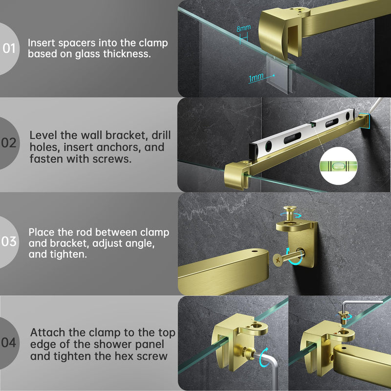 Frameless Shower Door Support Bar, Stainless Steel Wall-to-Glass Support Arm to Fixed Shower Glass Panel, for 1/4"-3/8" (6-10 mm) Door, 180° Pivot & Stow-Flat Mode (Brushed Gold, 15.8-inch(400mm)) Brushed Gold 15.8-inch(400mm)