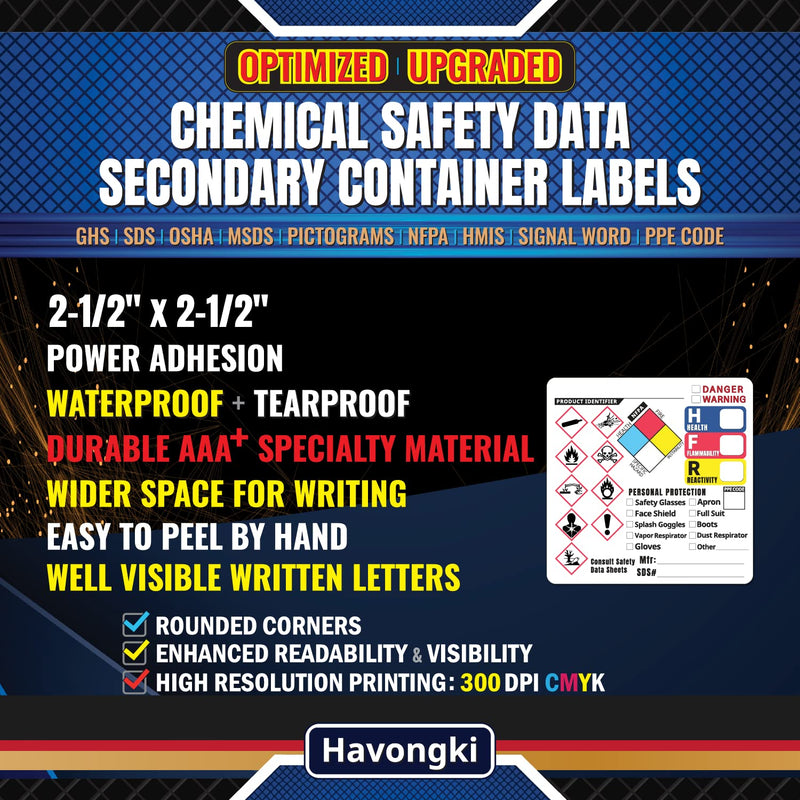 2-1/2'' x 2-1/2'', Optimized GHS Labels Hazardous Chemical Safety Data Stickers - HAZCOM Secondary Container HMIS OSHA MSDS Hazard NFPA SDS MSD Hazmat Sheet 100 Labels, 2-1/2" X 2-1/2"