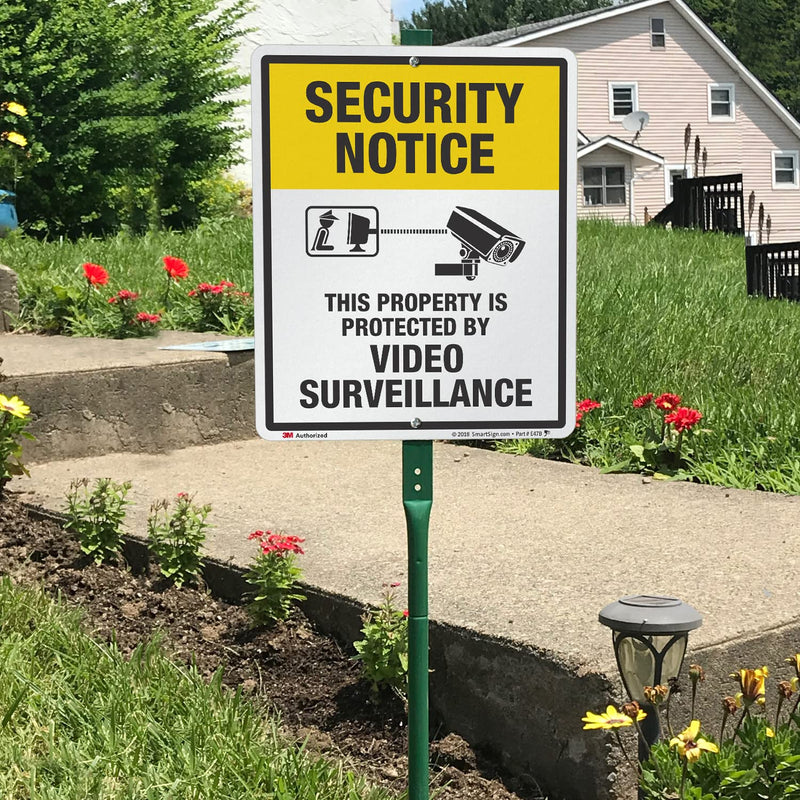 SmartSign 12" x 10" 'Security Notice Property Protected By Video Surveillance' Yard Sign with 3 ft Stake, 40 mil Aluminum 3M Laminated Engineer Grade Reflective, Yellow/Black/White Aluminum Sign with 3' Stake