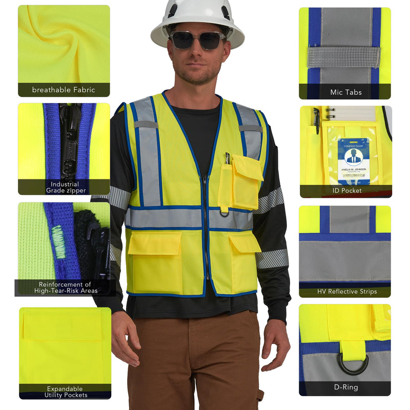 AYKRM High Visibility Safety Vest - Reflective Work Vest with 5 Reinforced Pockets Small Blue