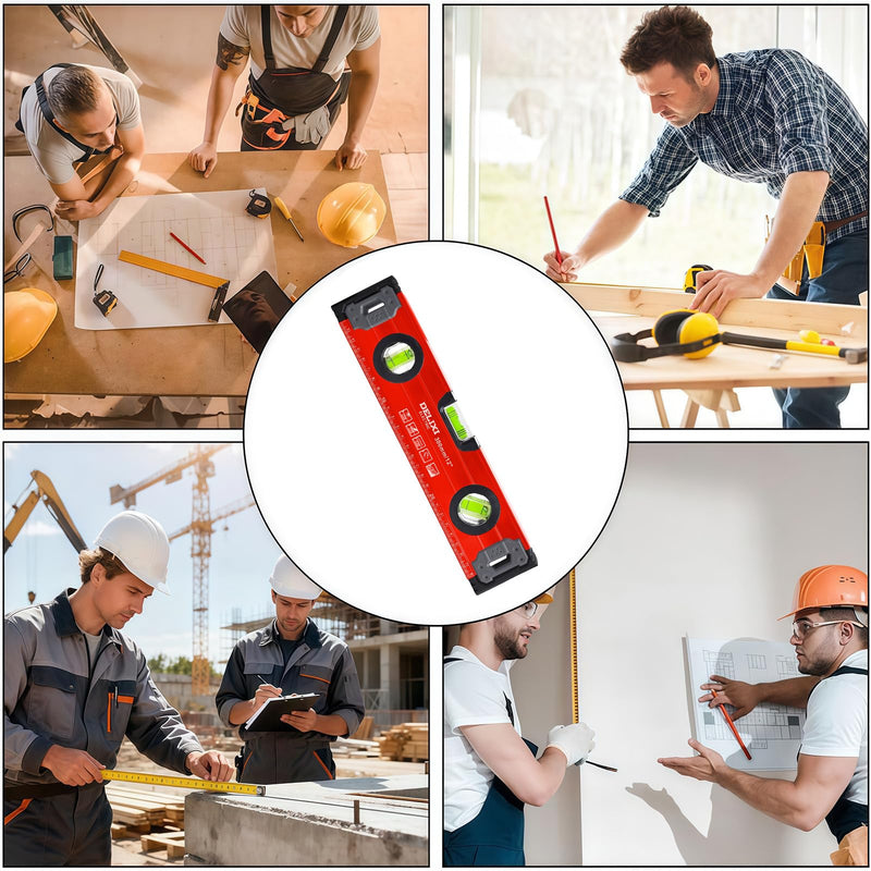 Flintronic 30 cm Spirit Level, Small and Magnetic, Lightweight Aluminum Profile, with Three Levels, 45°/90°/180°, Red 30cm